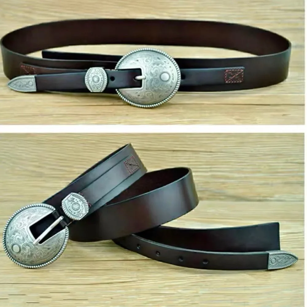 Vintage Style Genuine leather Belt with Floral Engraved Pattern Buckle